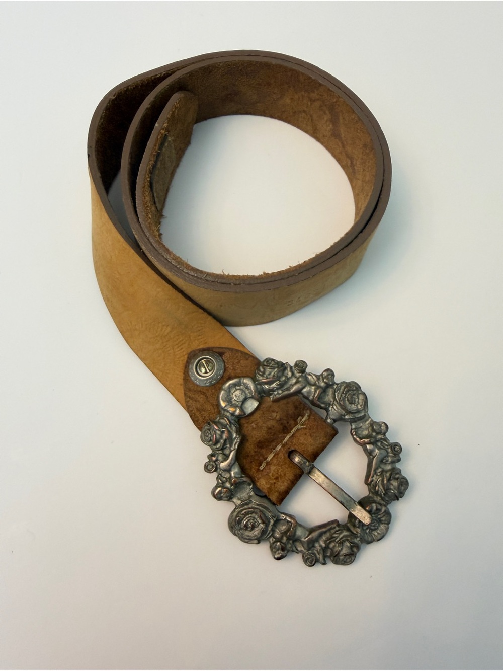 Vintage Velez Leather Belt with Rose and Cherub Silver Buckle, Size Small
